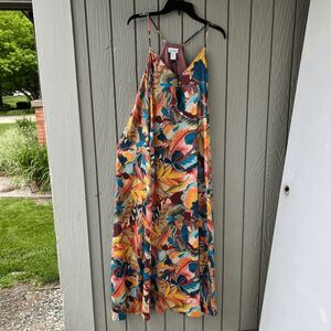 NWT Nicole Miller  Satin Watercolor Abstract Print Maxi Dress, S, Pockets